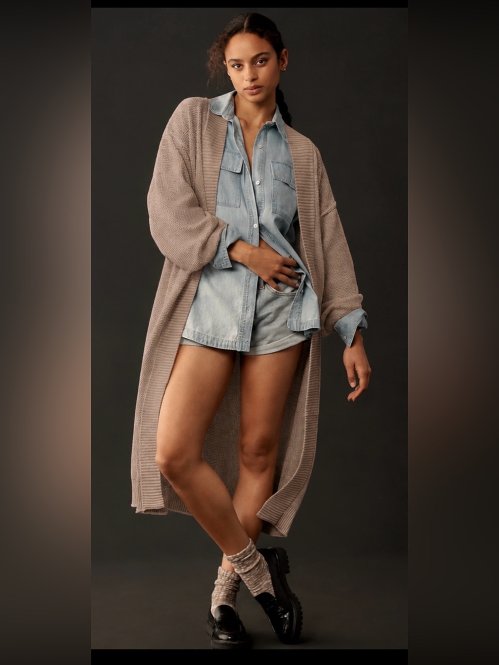 Long Open-Front Women's Cardigan Sweater in Taupe